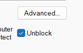 Windows file properties dialog with the Unblock checkbox highlighted